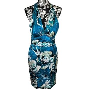 Adrianna Papell Evening size 10 blue silk floral print halter dress